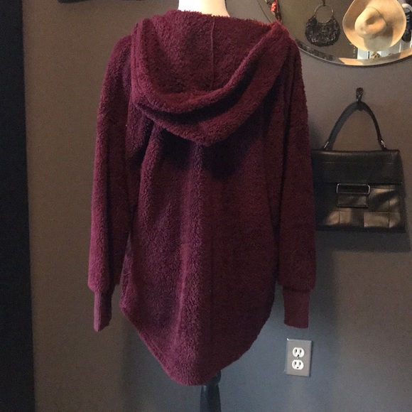 Furry Hooded Burgundy Cardigan - Picture 3 of 4
